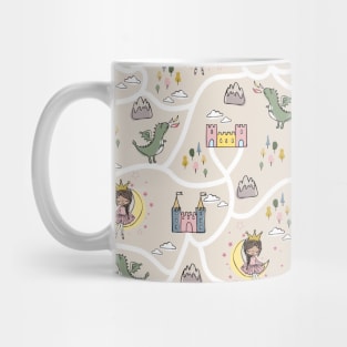 Childish seamless pattern with princess and dragon beige background Mug